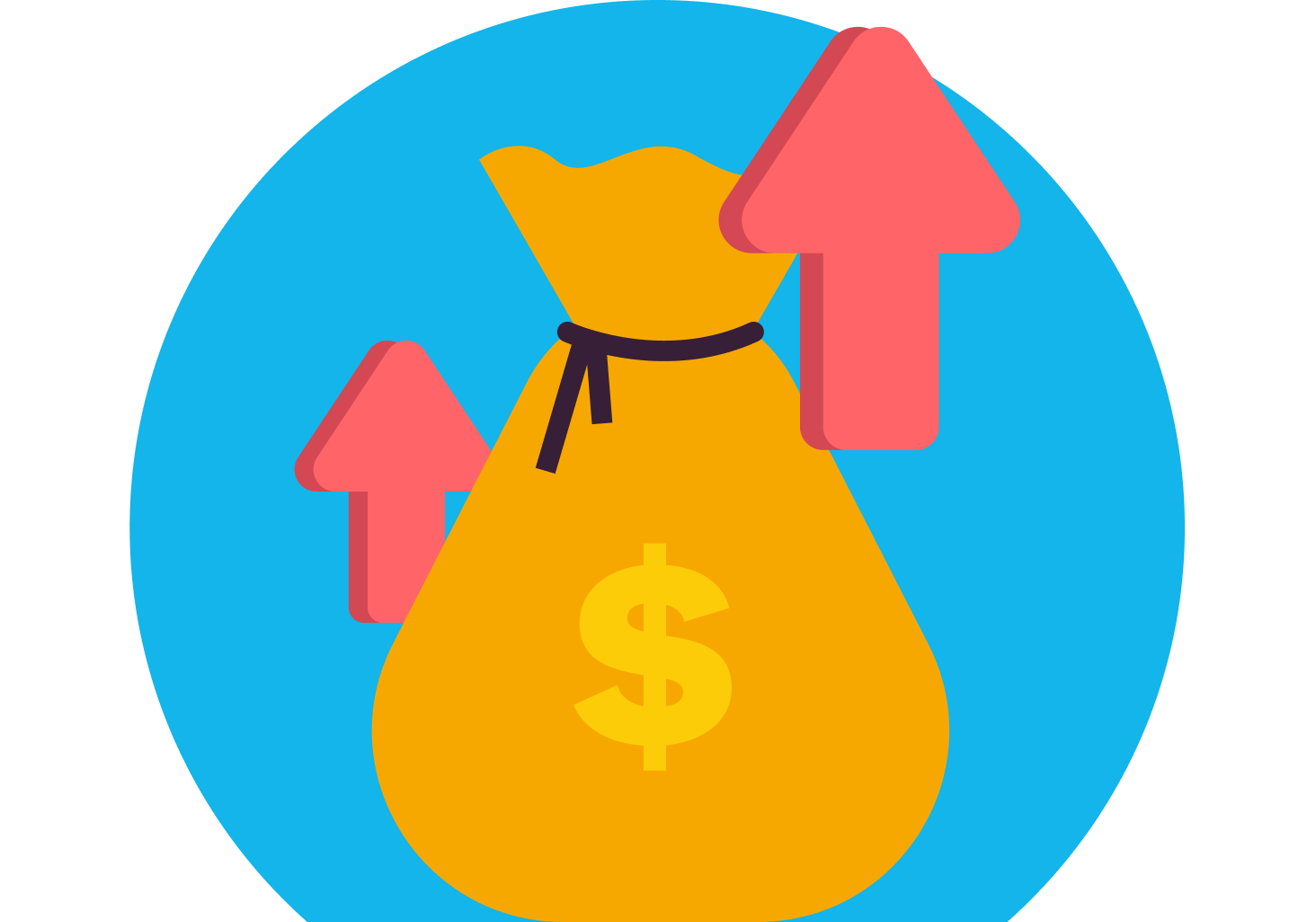 A bag of money is overflowing with an arrow pointing upwards